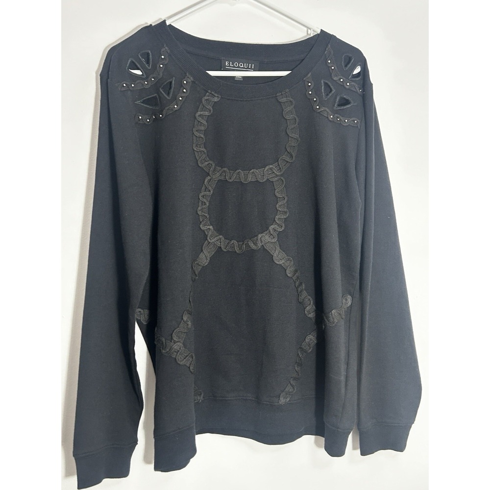 Eloquii Plus Size 14/16 Sweatshirt Black‎ Long Sleeve Round Neck Cutout Beads